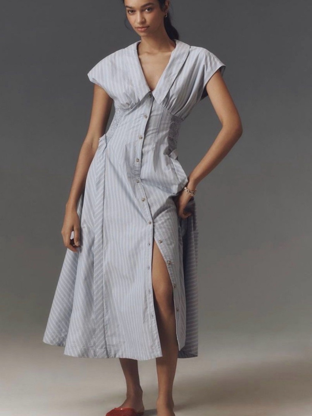 XXS Anthropologie Light Blue & White Striped Button-Front Midi Dress